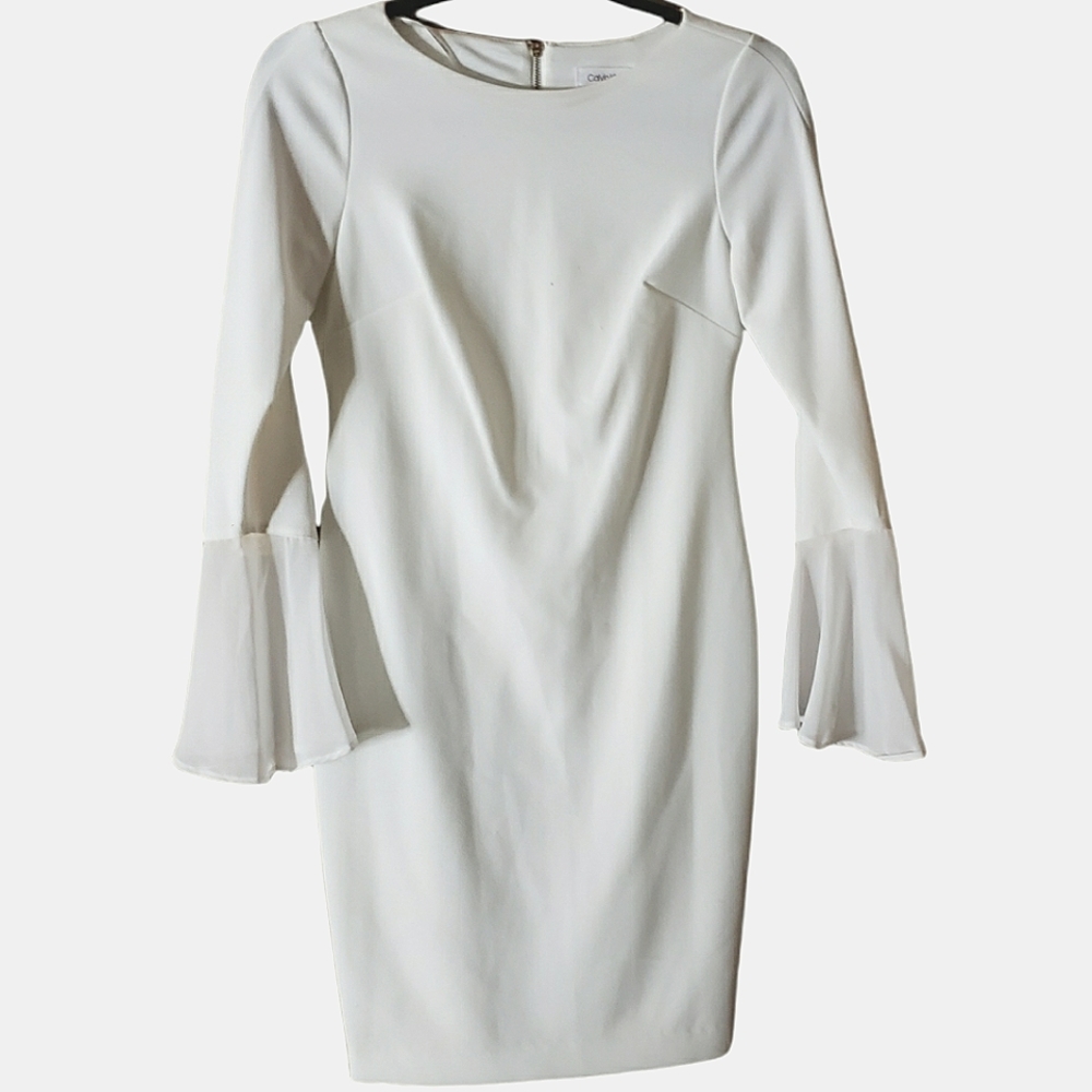Calvin Klein Petite Women's Bell Sleeve cream lined dress